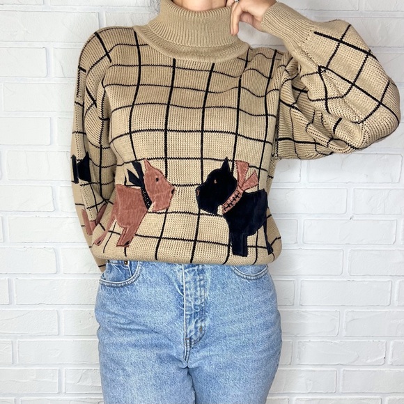 SOLD Vintage beige wool blend turtleneck dog sweater L - Picture 2 of 12